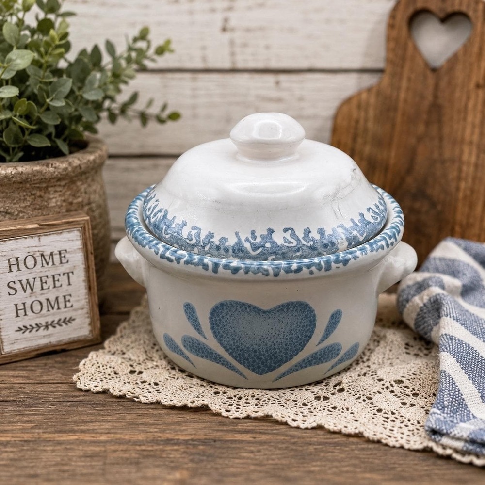 Vintage Country Blue Heart Stoneware Lidded Bean Pot Sugar Bowl Farmhouse Server
